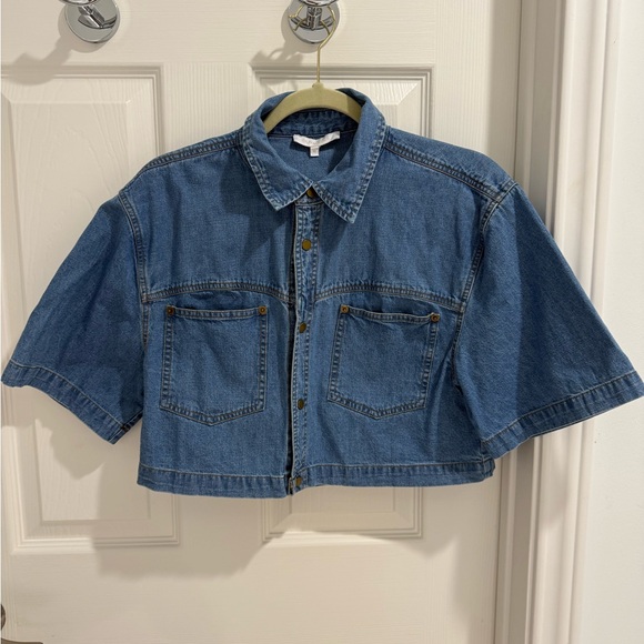 Olivaceous Blue Chambray 100% Cotton Denim Cropped Shirt Jacket - Picture 1 of 6